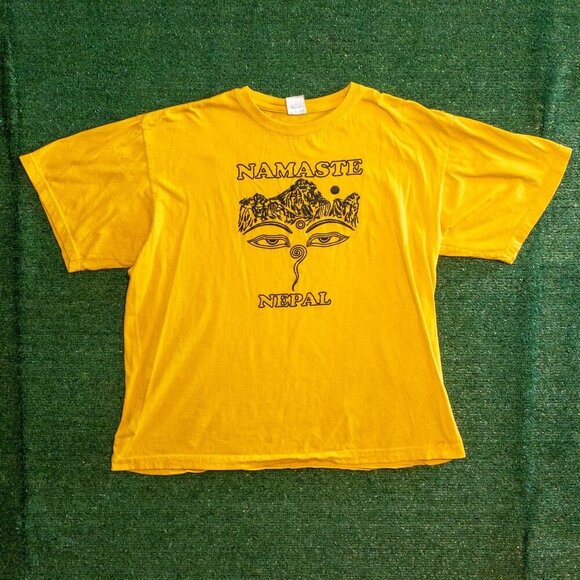 VINTAGE NEPAL NAMASTE SHANGRI-LA MENS T-SHIRT YELOW SINGLE STITCH RETRO TEE SZ L - Picture 1 of 6